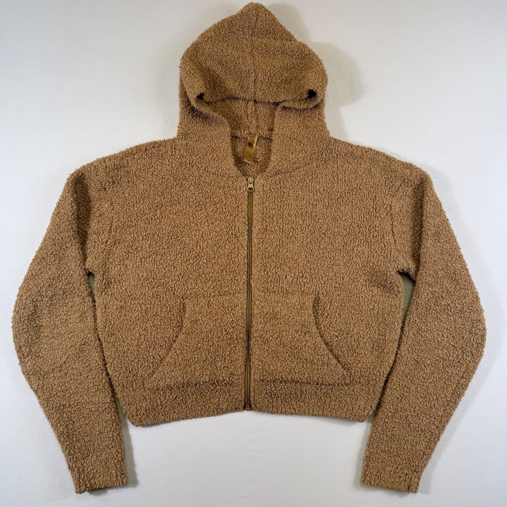 SKIMS Cozy Knit Zip Hoodie Women S/M Camel Brown Teddy Fleece Cropped Loungewear